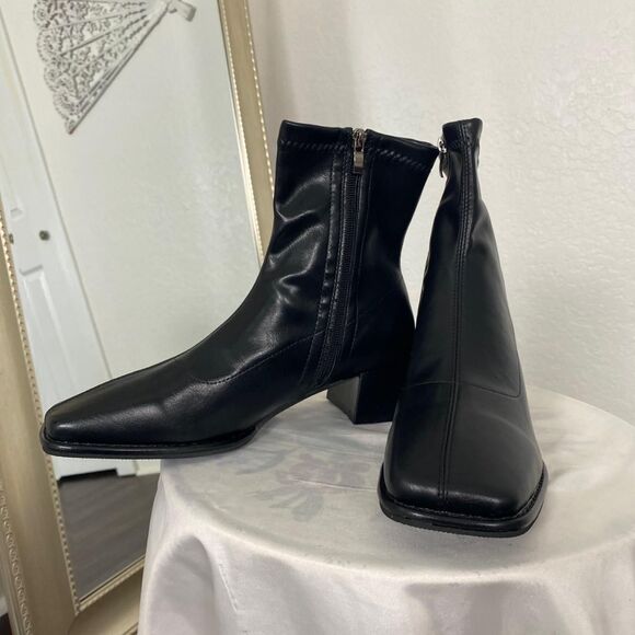 NIB Faux Leather 90s Style Black Square Ankle Boots EU 40 / US 9.5 - Picture 2 of 8